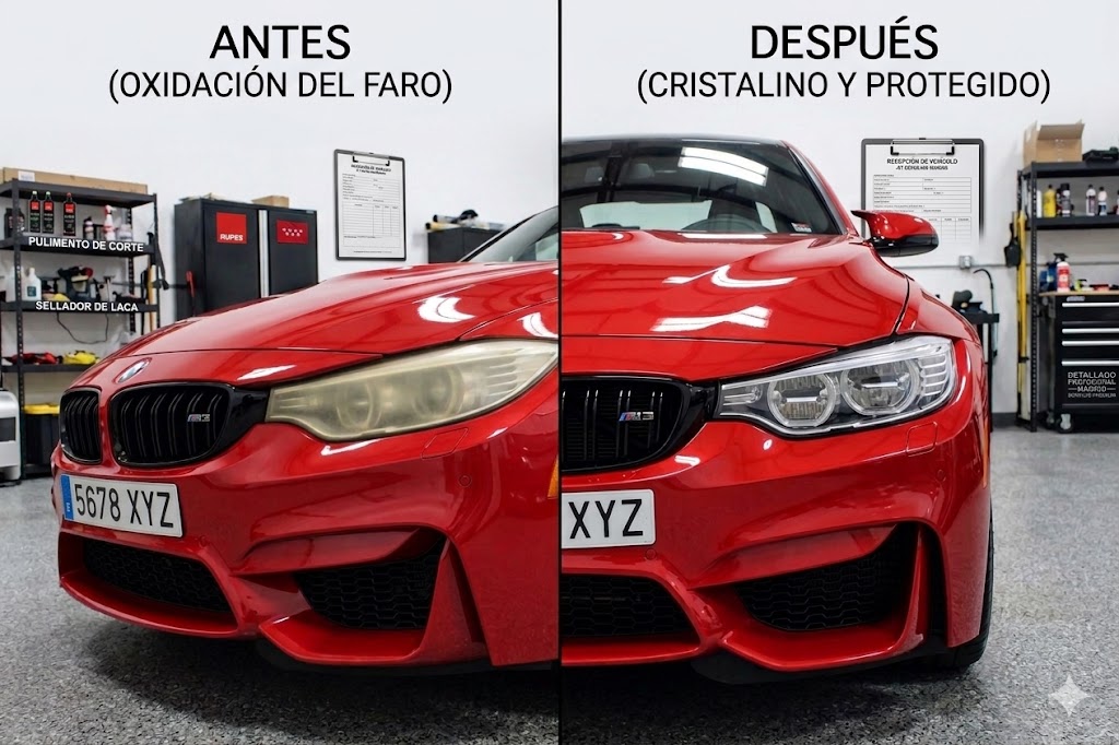 Antes y después del pulido de faros en Madrid
